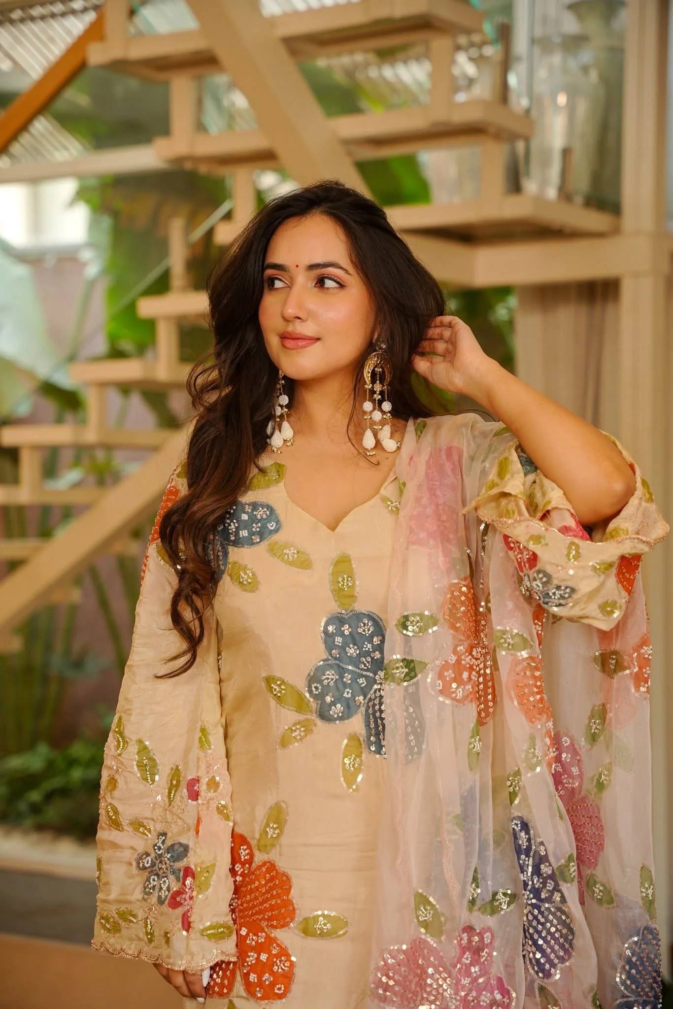 Urban Cream Pastel-Embroidered Sharara Set